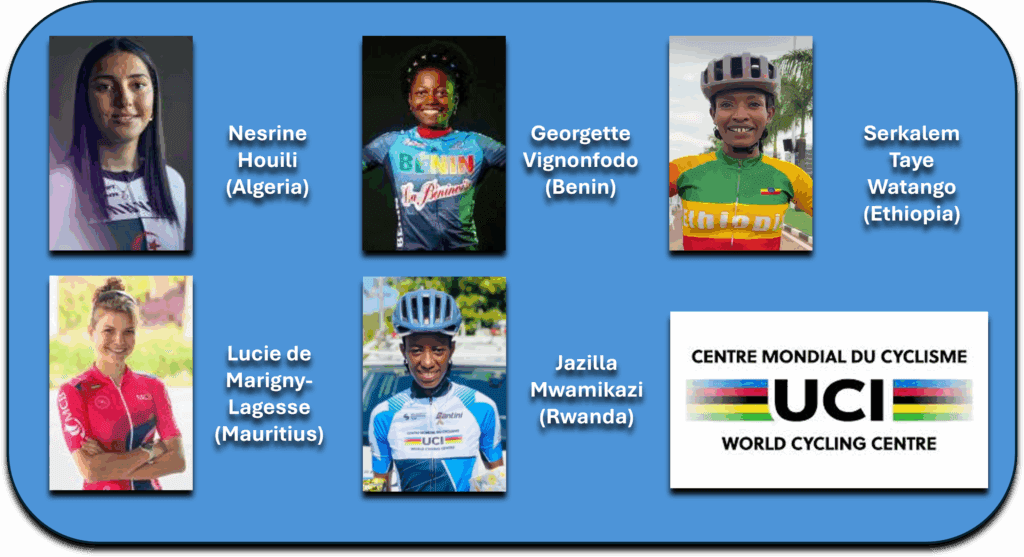 Four female cyclists from Algeria, Benin, Lagunes, and Rwanda shown with names and flags.